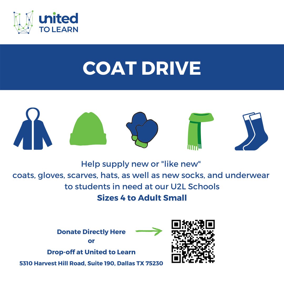 unitedtolearn's tweet photo. Help support students at our #U2LSchools with coats, gloves, socks, etc. to bundle up for the upcoming winter! Organize a coat drive or donate items directly to the U2L office. Click the link to learn more about our coat drive and how to participate! 
https://t.co/w01VgKv6cx https://t.co/w3cc0yYhEK