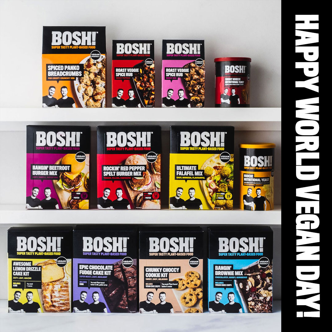 FOGFoods's tweet photo. From our team &amp; our friends over at @BOSHTV, happy #worldveganday! 🎉 Why not try our new plant-based BOSH! range here - https://t.co/sKpE2PCOsL 

#vegans #plantpowered #bosh #veganism #veganuk #veganfood  #plantbased #poweredbyplants #veganfoodie #meatfree #meatfreemonday #vegan https://t.co/vxYTaEAGZI