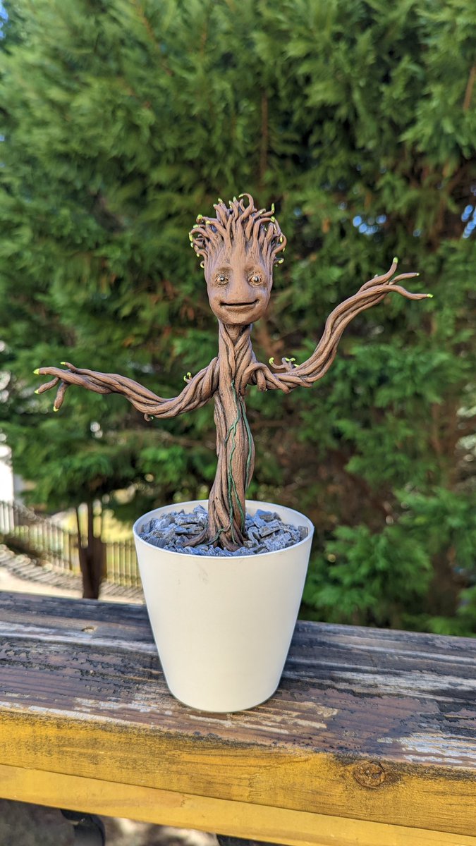 joshlundmark's tweet photo. My latest project is completely. This is the third Baby Groot I have made. The other two I gave away. I am keeping this one. It is made solely of @cosclayusa  Love this stuff! #cosclay #sculpture #sculpting #babygroot https://t.co/desdUblU9E