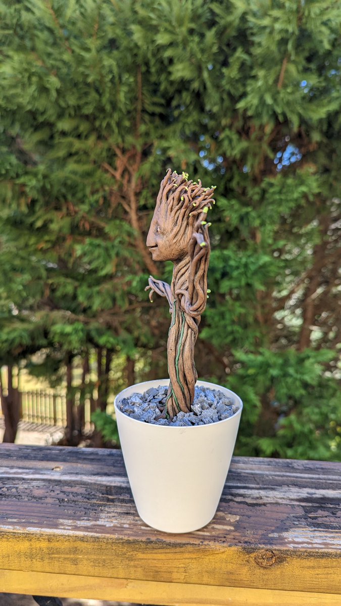 joshlundmark's tweet photo. My latest project is completely. This is the third Baby Groot I have made. The other two I gave away. I am keeping this one. It is made solely of @cosclayusa  Love this stuff! #cosclay #sculpture #sculpting #babygroot https://t.co/desdUblU9E