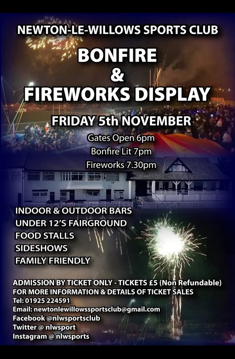 nlwsports's tweet photo. LIMITED TICKETS LEFT !! 
🔥Bonfire and Fireworks Display🔥
Open from 👇for tickets
📍Monday 6pm 
📍Tuesday 6pm
📍Wednesday 3pm
📍Thursday 6pm
DONT MISS OUT! 
Also availablefrom 
📍Shabby Freak 
📍Town Furnishings
📍Riley's Ices (inbox their Facebook page to arrange collection) https://t.co/0geCRKoifA