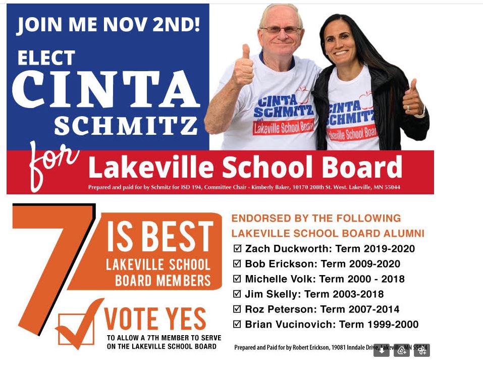 MN58GOP's tweet photo. SOS - Save Our Schools - Vote for Cinta Schmitz and the Yes to the 7th seat https://t.co/OVWSE1TU3d https://t.co/TRmkPVGJGl