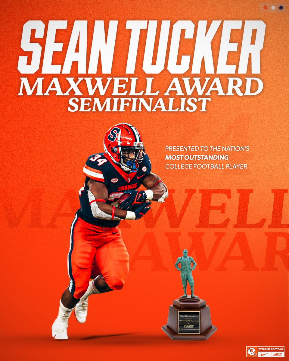 The nation's leading rusher and 1-of-15 semifinalists for the @MaxwellFootball Award presented to the nation's most outstanding player. Congrats, @seantucker2020 More: cuse.com/news/2021/11/1…