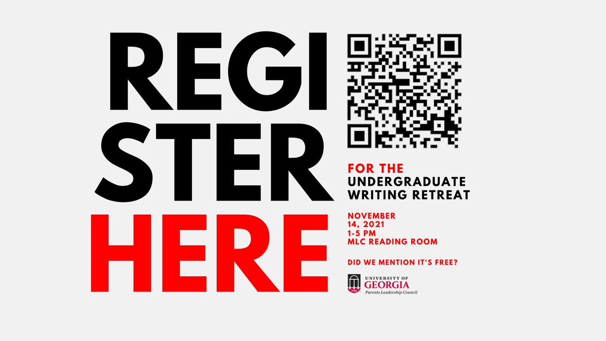 Happy Monday! If you haven't already, register for the Undergraduate Writing Retreat that is coming up in just about two weeks! 

#UGAWriting #UGA #WriteatUGA #GoDawgs