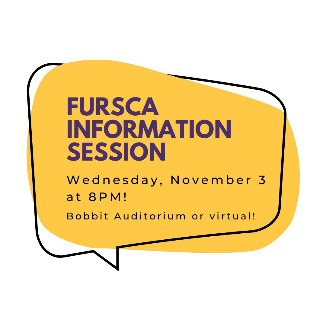 AlbionFURSCA's tweet photo. Come to the FURSCA Information Session on Wednesday, November 3 at 8PM!
Two options:
- in person - Bobbit Auditorium 
- GoogleMeet (message us for the link)
Prof. Vanessa McCaffrey, Renee Kreger and several FURSCA Ambassadors will be there to answer your questions! https://t.co/3myA5aldov