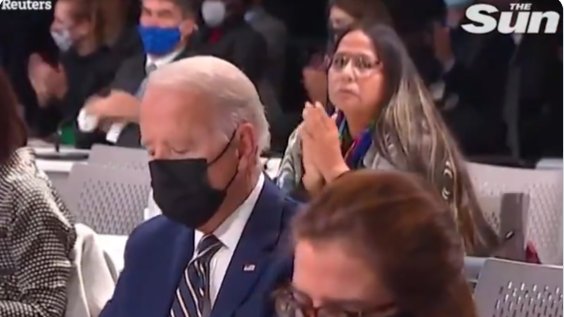 UBCIC's tweet photo. Kukpi7 Judy Wilson, UBCIC Secretary-treasurer, at #COP26 keeping an eye on US President  Joe Biden. - “The G7 colonial climate change regime is not working, indigenous peoples are wide awake and demanding real climate action now.” @POTUS https://t.co/choSHXgWur