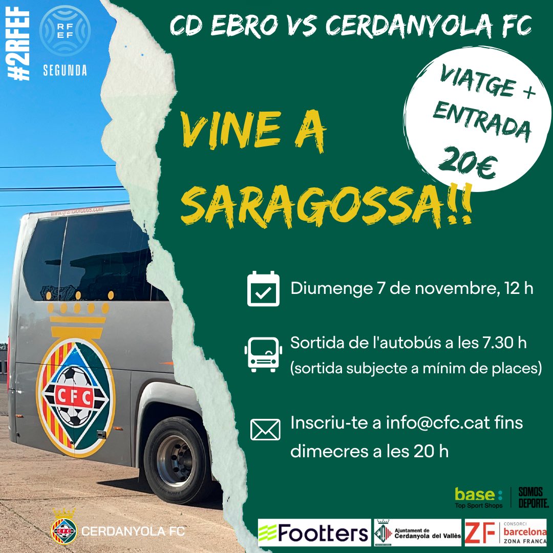 🚌Diumenge… TOTS A SARAGOSSA!

El vermut previ al partit el podràs fer davant la Basílica del Pilar! 

🔥Per 20€, viatge en bus i entrada al partit!

📲Inscriu-te a info@cfc.cat fins al dimecres a les 20 h. 

ℹ️Viatge subjecte a omplir un nombre mínim de places. 

T’ho perdràs?