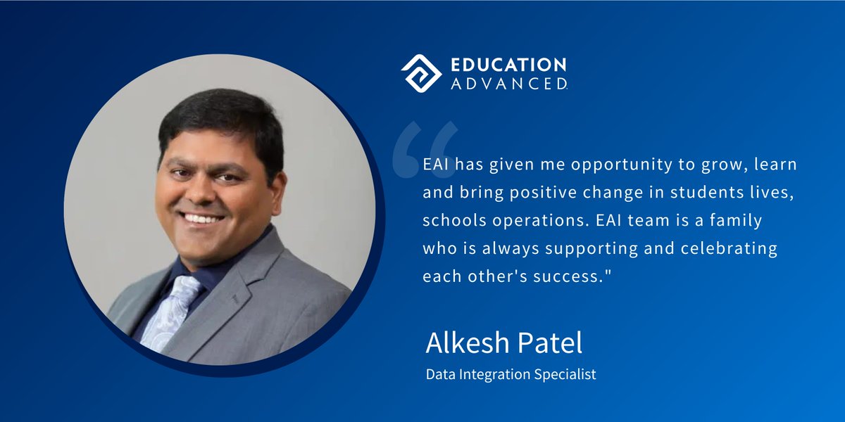 Meet Alkesh Patel, who joined the EAI family in November 2018 and currently serving as a Sr. Software Developer. Alkesh brings over 18 years of diverse software development experience. Learn more about Alkesh here: bit.ly/2XQ0sc5 #k12 #edtech #edchat #saas