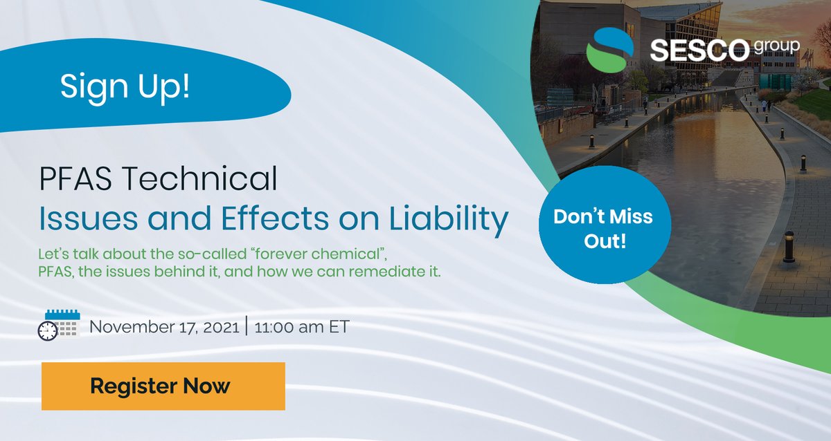 Sesco_Monitor's tweet photo. Join us for our webinar on November 17, 2021 at 11am EST.  Our Senior Hydrogeologist, Tim Bannister, will be talking about PFAS and liability issues.  Click the link to register! https://t.co/i3fWltuTHj SESCO group - Peace of Mind, Restored. https://t.co/x8W0beLZcK
