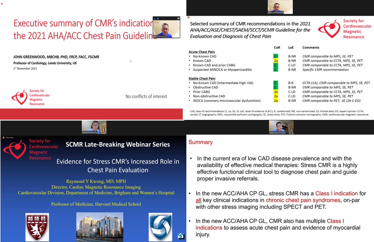 Great presentations and discussion!
Highlights from the first event (Role of Stress CMR in Chest Pain Evaluation) - webinar series on latest 2021 Guidelines for Diagnosis and Evaluation of Chest Pain #CPguideline #WhyCMR #SCMRawesome @SCMRorg 
@purviparwani @vass_vassiliou