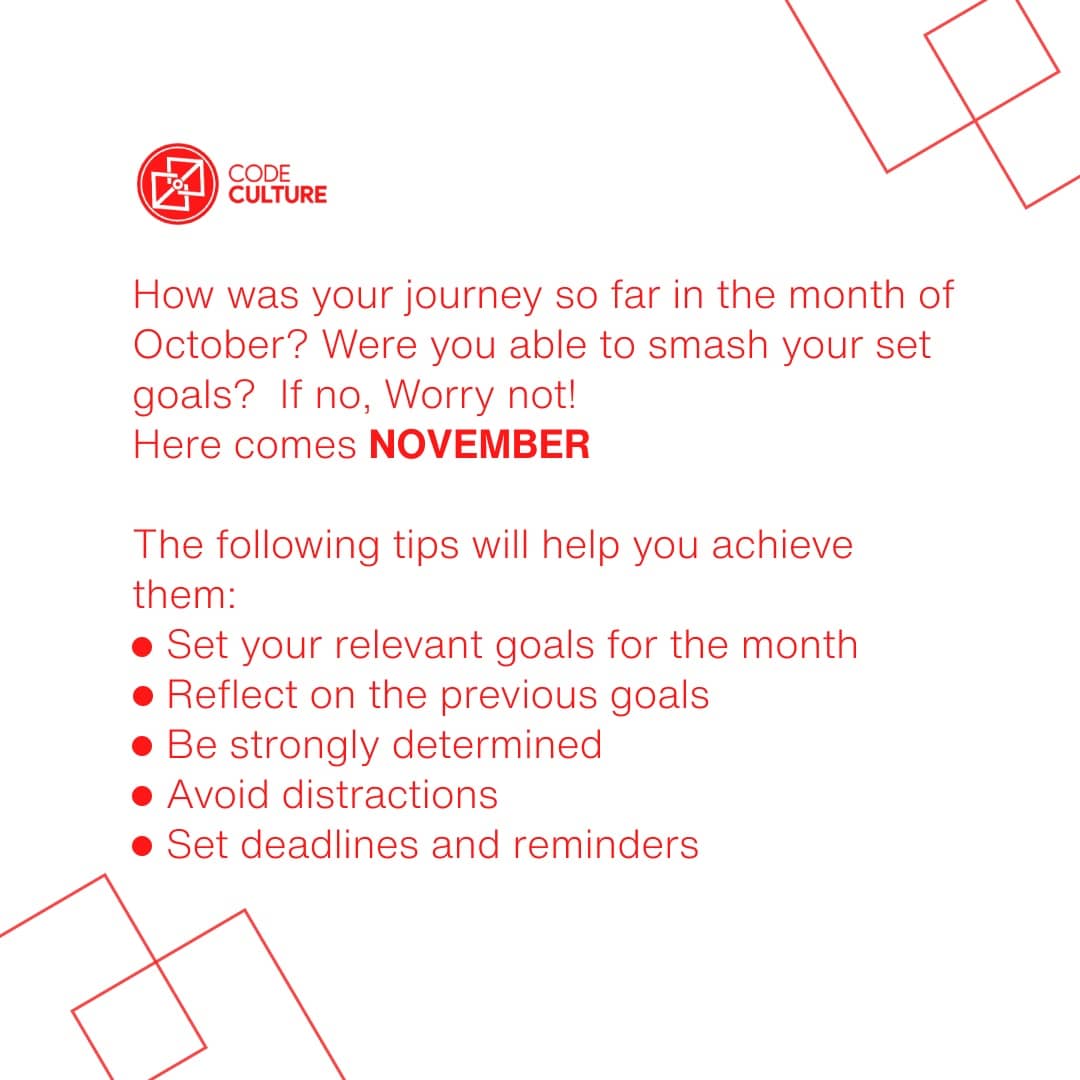 CodeCulture02's tweet image. Happy New Month from code inclusive 
Let&apos;s help you smash your goals this month 💯

#codeculture #CodeNewbies #100DaysOfCode #DEVCommunity #HappyHalloween2021 #developer #coding #AI #programming #goals #inclusion #tech #javascript #Python #OpenSource #techcommunity @CodePapi_