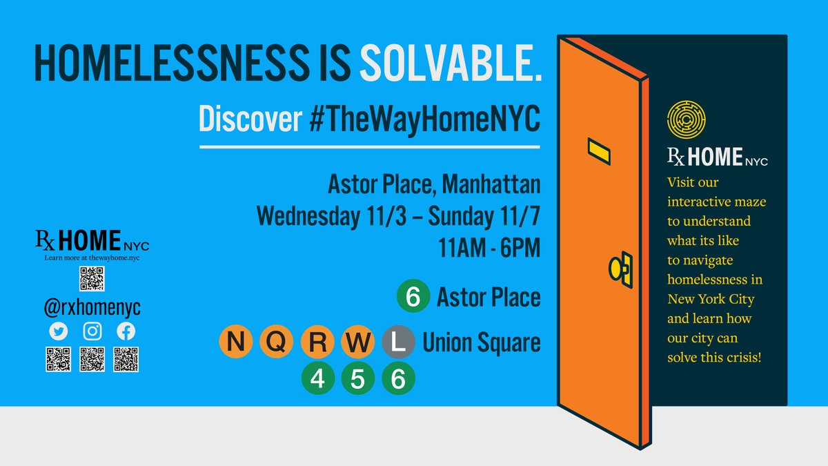 RxHOMEnyc's tweet photo. Missed us last week in Brooklyn?

Join us for #TheWayHomeNYC this week from Wed 11/3 - Sun 11/7 in Astor Place from 10am-6pm! 

Details: https://t.co/ie0gQk4otK 

#HomelessnessIsSolvable https://t.co/YEZut4t8Vn