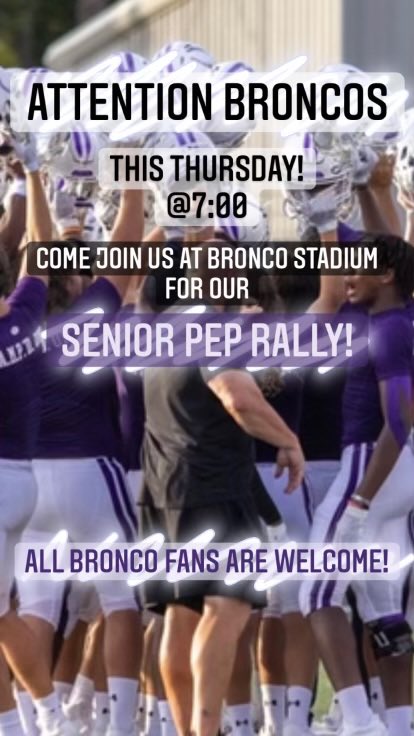 DHSBroncoCheer's tweet photo. Attention Broncos📣 This Thursday, November 4, will be our SENIOR community pep rally at the Bronco stadium!! Friends and family come out at 7:00pm and join us to celebrate the class of 2022!!💜🤍 #SENIORS #2022 #Broncos https://t.co/p2wgSfJ0In