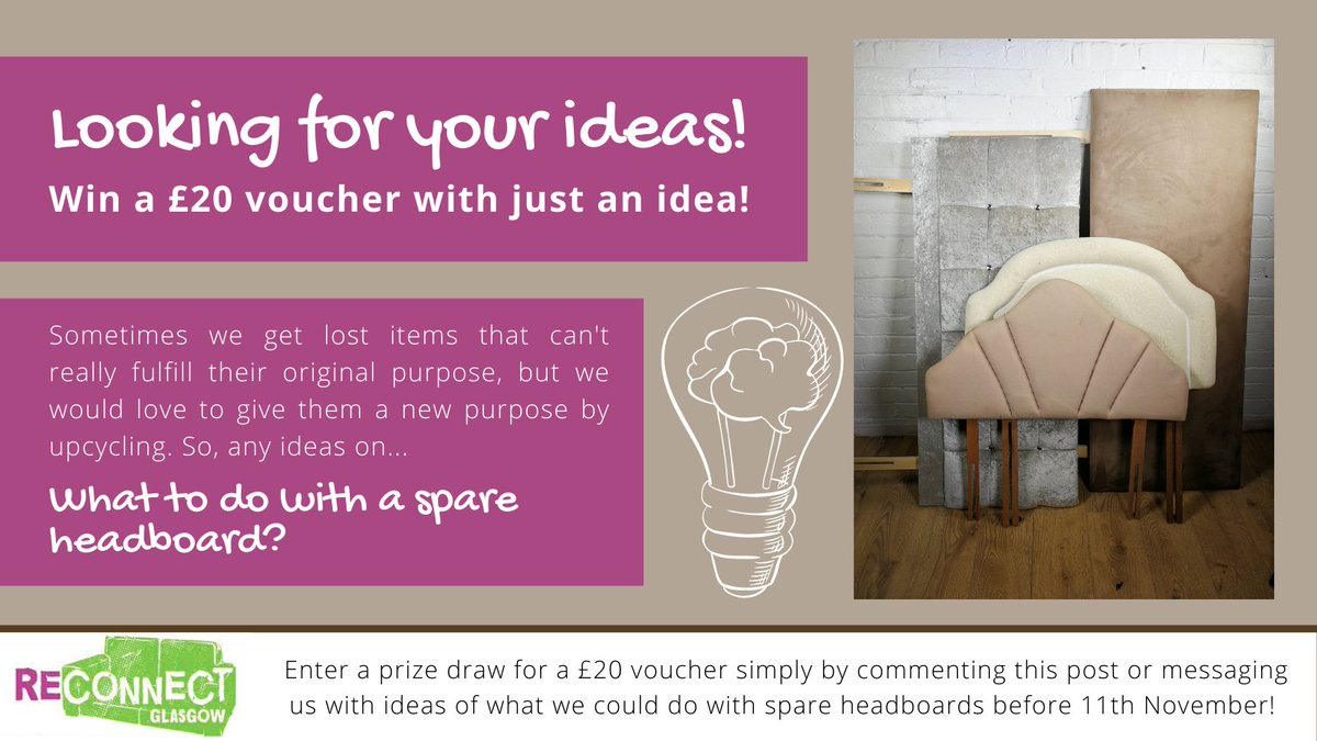 ReconnectGlasg1's tweet photo. 12 Things You Can Do During #COP26 - Day 3

A cheese greater as a jewellery holder? Boots as plant pots? Giving something a new life can also mean to give it a new purpose. 🏆Win a £20 voucher by contributing ideas of how we can upcycle spare headboards!✨ #upcycle #brainstorm https://t.co/xD4nJdk6VZ