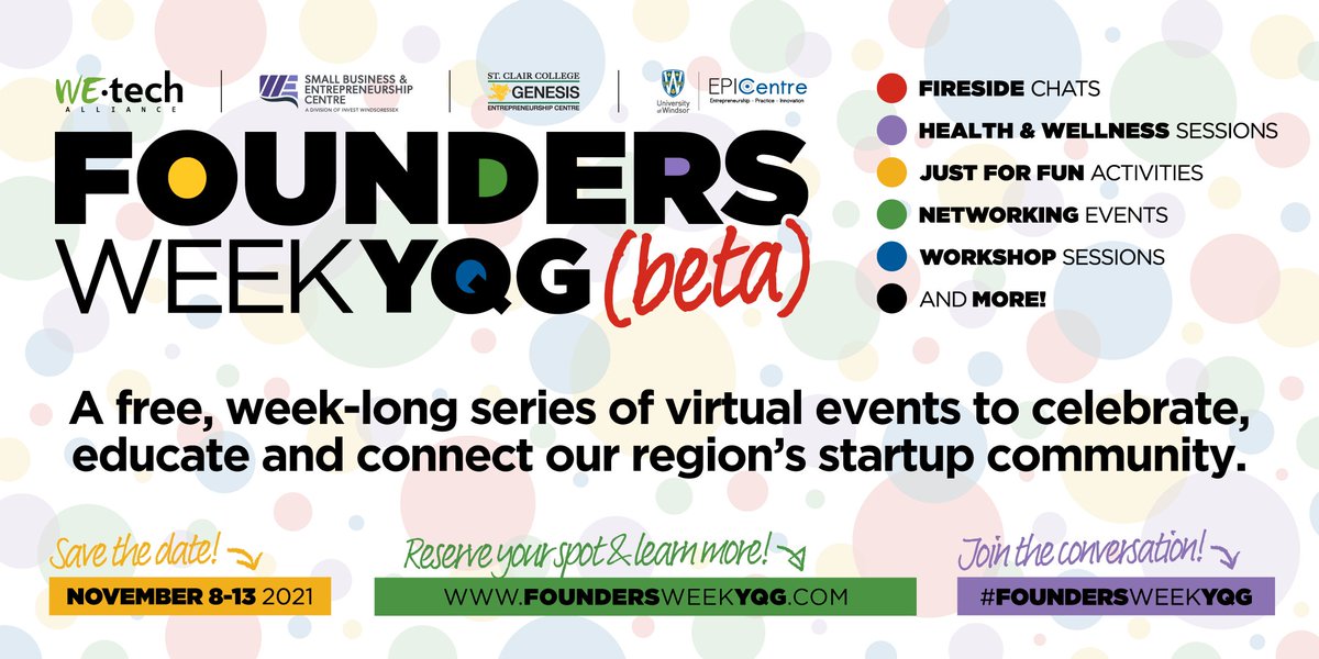 WEtechAlliance's tweet photo. #FoundersWeekYQG kicks off next week with an action-packed Monday!

🔵 #Cybersecurity &amp; #Law Workshop: @MyraTawfik @Jade_Buchanan
🔴 Fireside Chat: @CSJewelry
🔵 #AMA: @LabiakMike
🔵 #Online Presence Workshop: @NoahFCampbell &amp; Kevin Gervais
🟢 #Networking
🟡 #Trivia: @MackFlash https://t.co/OlxuGc0Aqu