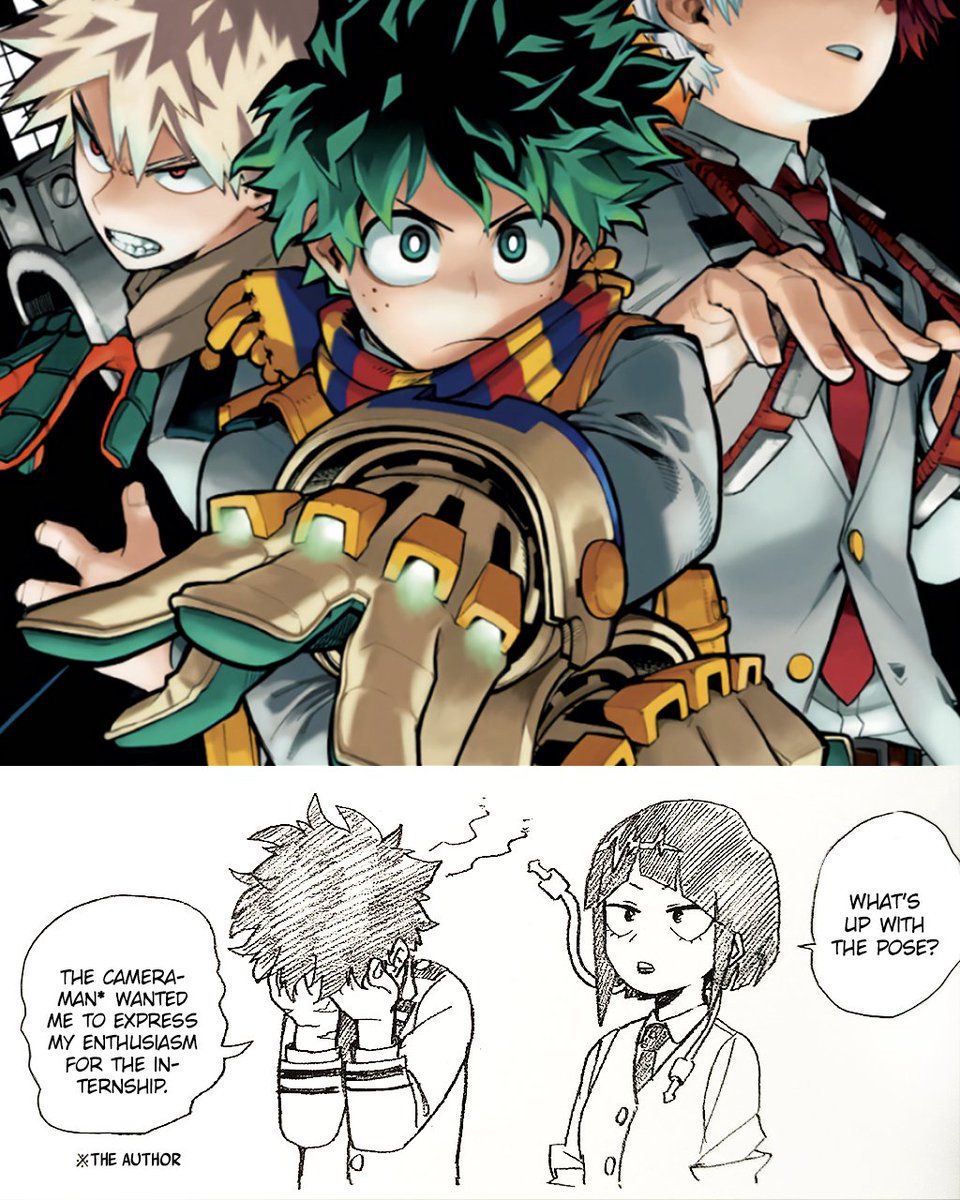 Adding the manga obis. They come with the manga dust jacket to promo things (movies/new season/sales). Horikoshi drew an Actor AU behind them, where his charas react to the covers. These are only available in physical copies and new obis may not have them. 

Vol 26 and vol 27. 
