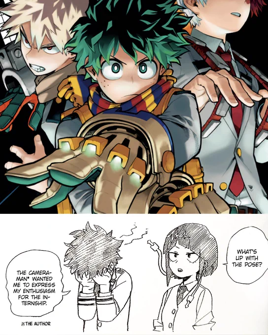 Adding the manga obis. They come with the manga dust jacket to promo things (movies/new season/sales). Horikoshi drew an Actor AU behind them, where his charas react to the covers. These are only available in physical copies and new obis may not have them. 

Vol 26 and vol 27. 