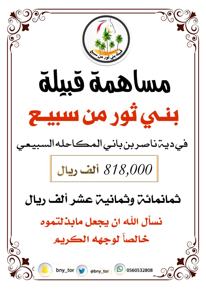 مساهمة قبيلة بني ثور من سبيع
في #دية_ناصر_باني_المكاحله 
السبيـعي ،،

ثمانمائة وثمانية عشر ألف ريال 
نسأل الله ان يجعل مابذلتموه
خالصاً لوجهه الكريم.

<a href="/mnbr_subia3/">منبر سبيع الإعلامي</a> 
<a href="/almkahalh/">ملتقى قبيلة المكاحله</a>
<a href="/3tg_Naser/">عتق رقبة ناصر بن باني السبيعي</a>