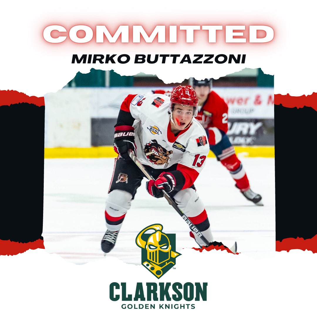 Congratulations to <a href="/M91buttzz/">Mirko Buttazzoni</a> on his commitment to <a href="/ClarksonMHockey/">Clarkson Men’s Hockey</a> for the 23-24 season. #bchl #development #bulldogshockey #seered