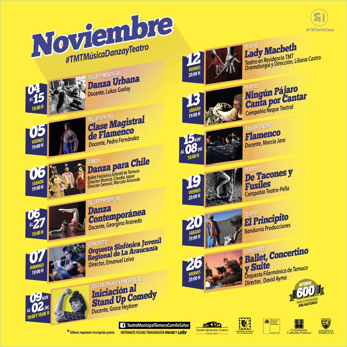 Llegó noviembre y tenemos muchas alternativas para conectarte a la cultura con música 🎶, danza y teatro regional. Sean todos bienvenidos al Teatro Municipal, inscríbete y solicita tus entradas gratuitas en teatromunicipaltemuco.cl