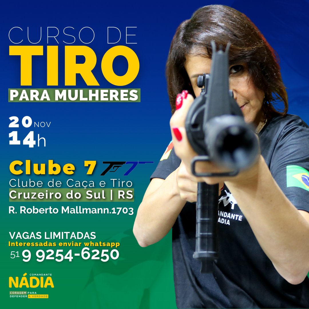 ComandanteNadia's tweet photo. Atenção Mulherada! 
Mais uma edição do Curso de Tiro para Mulheres. Estarei dia 20/11 em Cruzeiro do Sul no Clube 7 de Caça e Tiro. Mais informações no link 👉https://t.co/pdVuFNxYwr 

#cursodetiro #paramulheres #cruzeirodosul https://t.co/ozU0exHjyb
