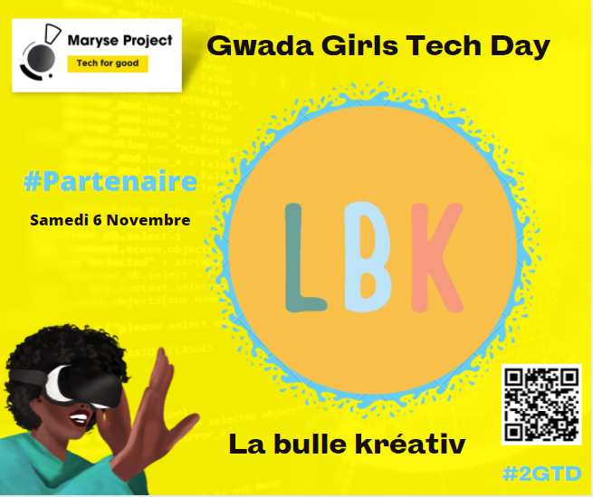 MaryseProject's tweet photo. 🎯J-5 avant le Gwada Girls Tech Day !🔥
Zot paré ? Aujourd'hui, on vous présente notre partenaire La Bulle Kréativ, une école en ligne martiniquaise qui propose des cours de #programmation informatique aux jeunes !
Inscrivez-vous pour le #2GTD ! https://t.co/nGy3wMC7KF