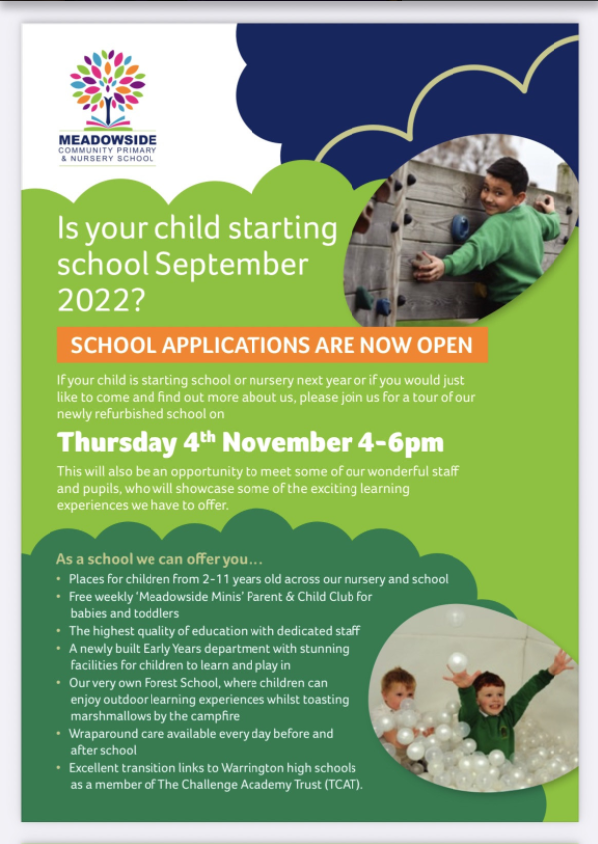 Let us show off our wonderful newly refurbed 2yr &amp; 3yr Nursery and reception classes - exciting things happening in our Early Years department - book a place now! FREE tea, coffee and biscuits from the school kitchen! 01925 632705 - office@meadowside.tcat.uk.com to book NOW