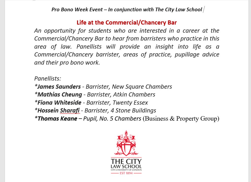 #ProBonoWeek event:
Life at the Commercial/Chancery Bar 
When: Nov 3, 2021 06:00 PM London 

Register here:
city-ac-uk.zoom.us/meeting/regist…