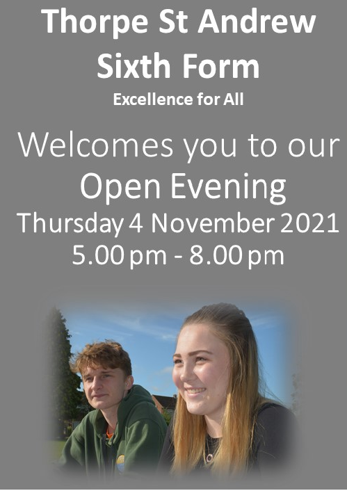 Our Sixth Form Open Evening on Thursday 4 November 2021 will now be a virtual event.

Please click on the link below for our online Digital Guide to Thorpe St Andrew Sixth Form.  

sixthform-experience.org.uk

#WeAREjoining #SixthForm #Norfolk #Norwich