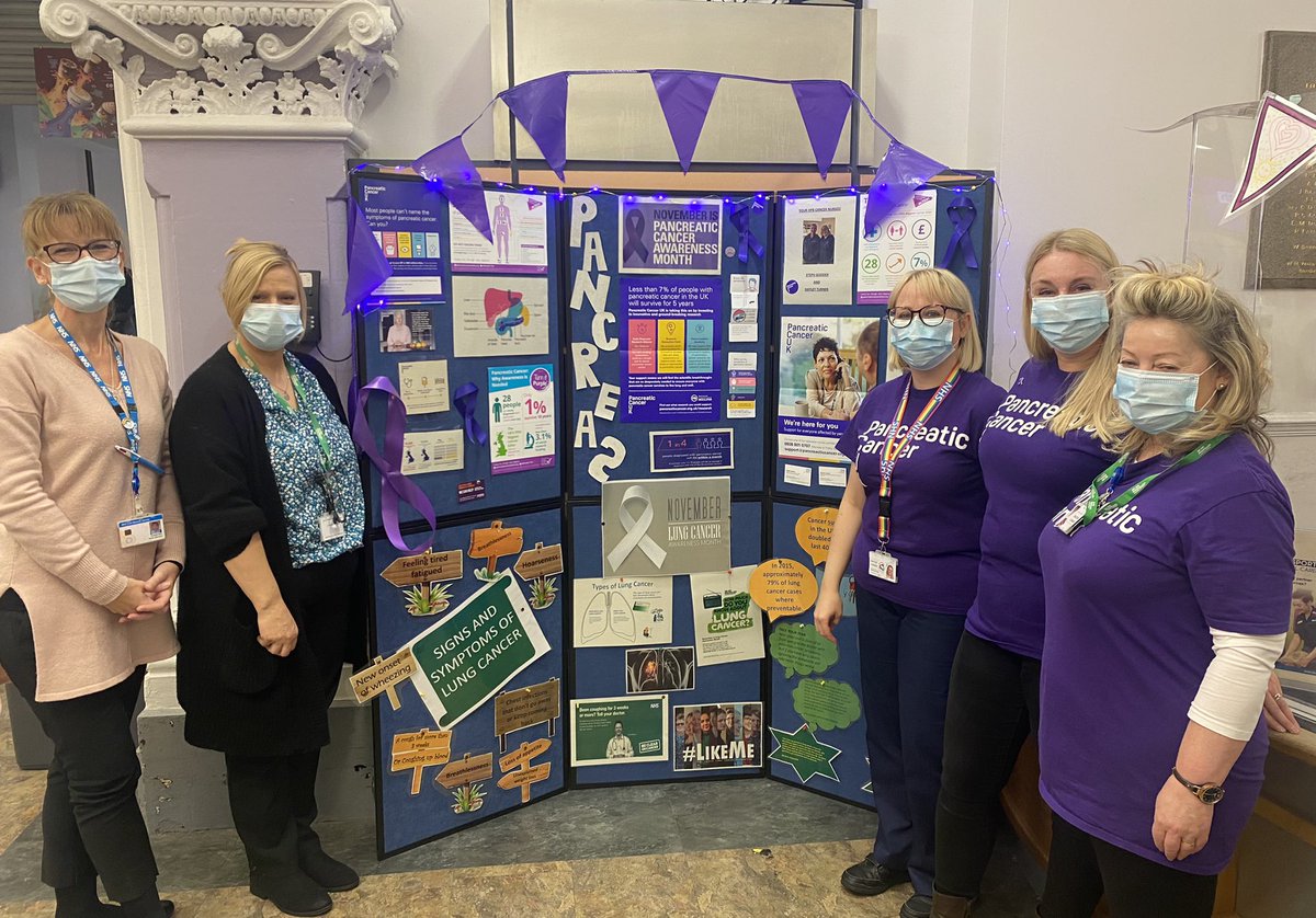 Lindseyadawson's tweet image. 1st November and the start of Lung and pancreatic cancer awareness month. Thank you so much @hpb_stockport &amp;amp; Lung team for their fantastic awareness board in the main entrance 🤍💜 #LungCancerAwarenessMonth #PancreaticCancerAwarenessMonth @GooderSteph @helshow1 @NicolaFirth6