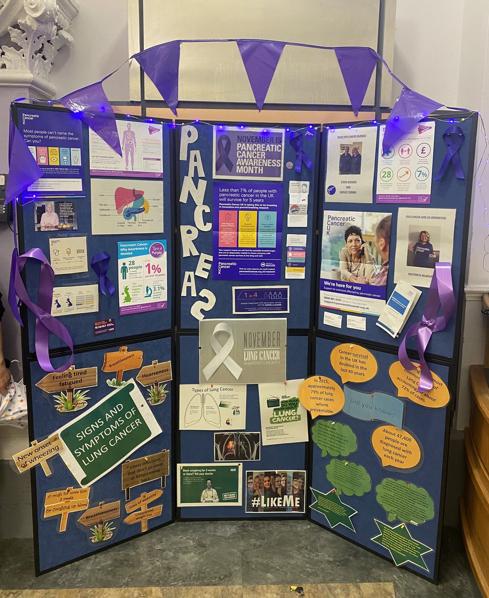 Lindseyadawson's tweet image. 1st November and the start of Lung and pancreatic cancer awareness month. Thank you so much @hpb_stockport &amp;amp; Lung team for their fantastic awareness board in the main entrance 🤍💜 #LungCancerAwarenessMonth #PancreaticCancerAwarenessMonth @GooderSteph @helshow1 @NicolaFirth6