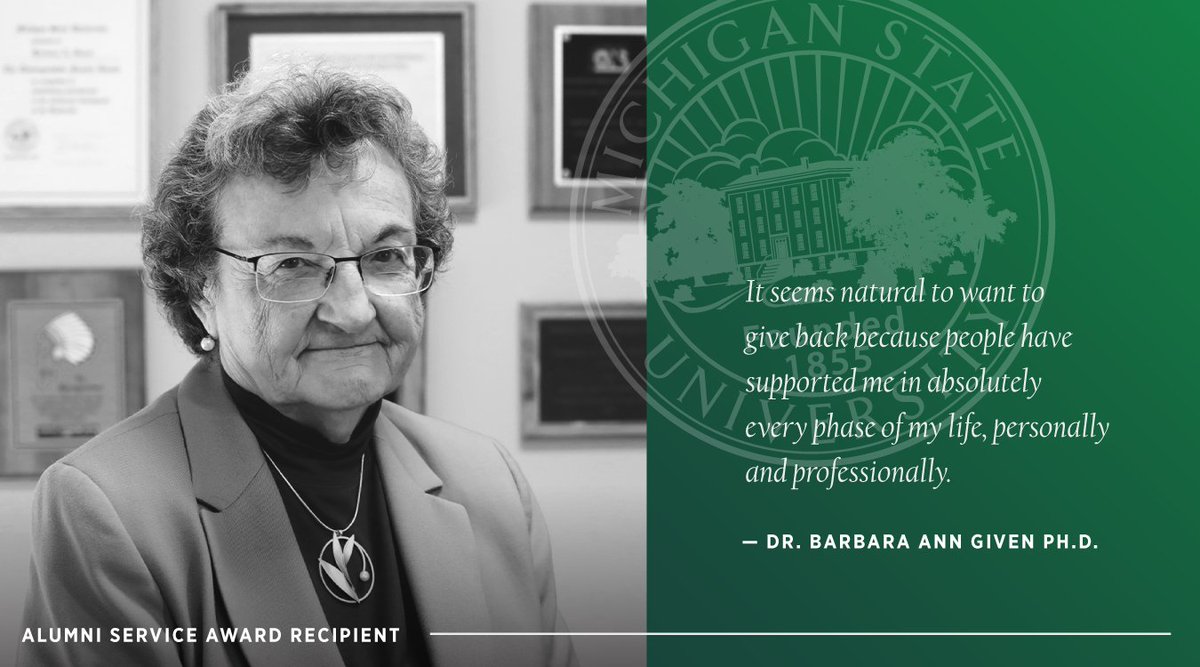 Congratulations to Dr. Barbara Ann Given, <a href="/MSUCollegeofEd/">College of Education</a> alumna, for receiving the Alumni Service Award. 

View the full list of 2021 #MSUAGA recipients: go.msu.edu/aga-21