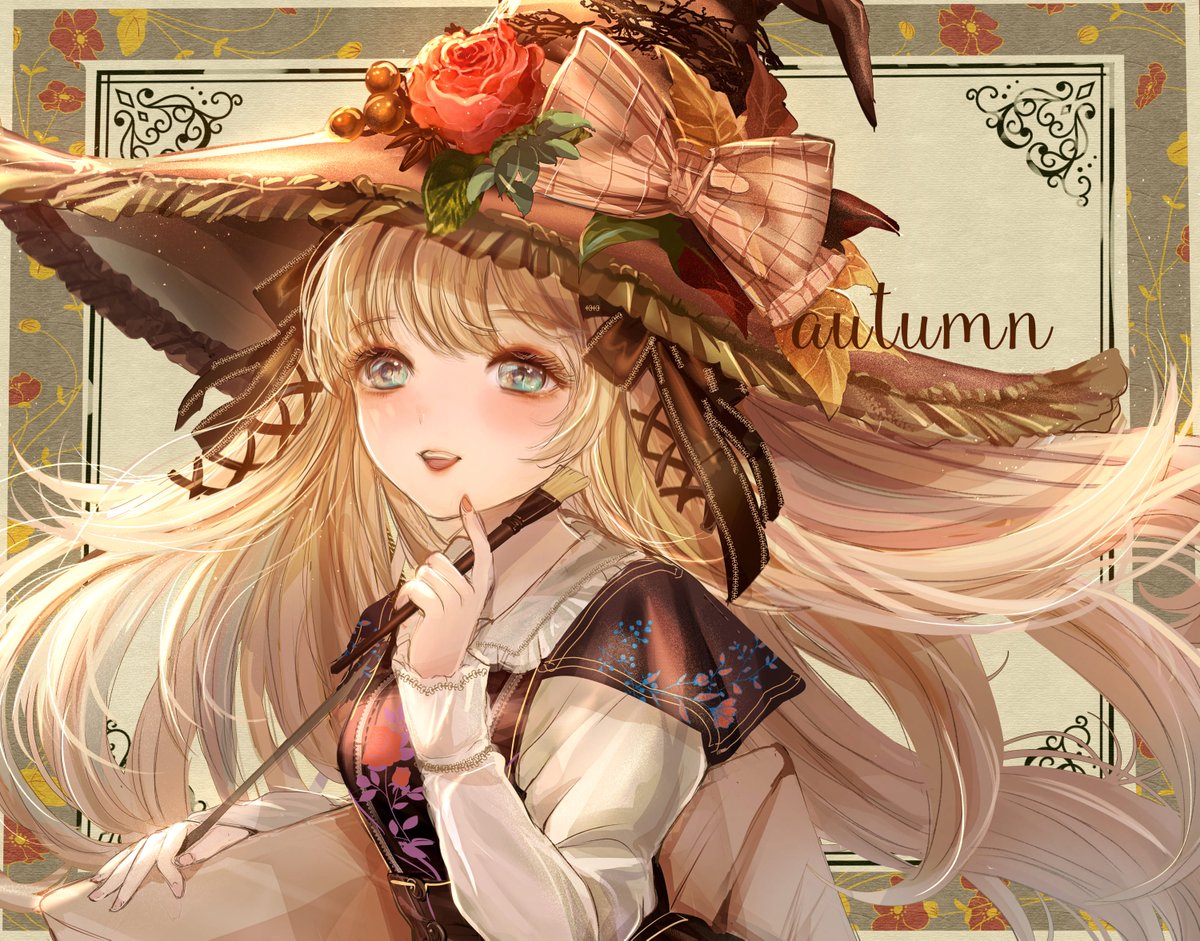 お絵描き魔女 Wip 芸術の秋 大きな画板と魔法の絵筆を手にした 魔女の女 こもりひっき 幻想少女絵のイラスト