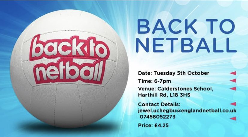 We are back tomorrow at Calderstones School 🙌🏽
Book your place now 👇🏽🏐 

📅  Tuesday 
⏰ 6-7pm 
📍Calderstones School 
💴 £4.25
📲 Book Now engage.englandnetball.co.uk//Account/Login…