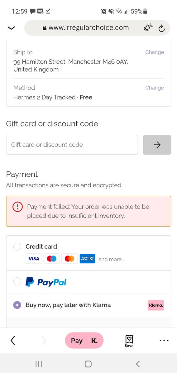 Trixi_Lou's tweet photo. @IrregularChoice Hi, trying to purchase via Klarna and getting this error on check out. Can you help? https://t.co/DnUwOXH3TC