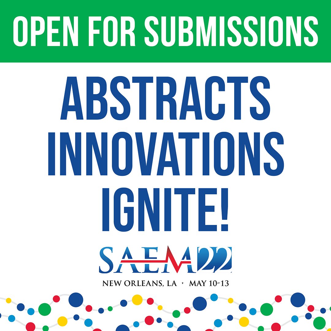 SAEMonline's tweet photo. SAEM is now accepting Abstracts, Innovations, and IGNITE! submissions for #SAEM22! View the webpages for details and instructions and submit yours today! https://t.co/5ssMLr1AQB https://t.co/r7PMq1PfgR