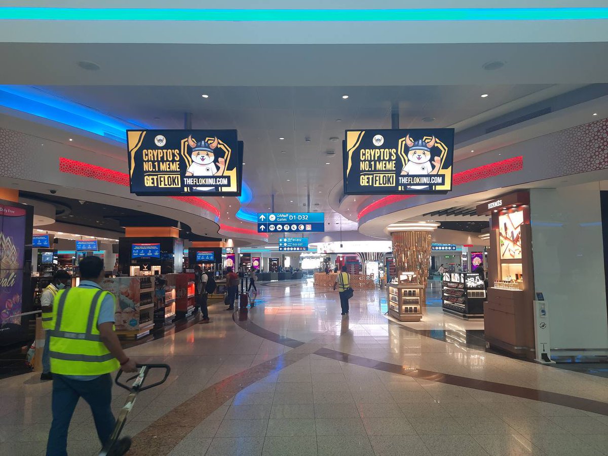 FLOKI's tweet photo. #FLOKI's aggressive marketing campaign aimed at the Middle East started with Dubai today!

It is impossible to walk around the Dubai International Airport without seeing the $FLOKI brand.

This campaign which will run for 1 month will be seen over 25.7 million times! https://t.co/nc47nQVim1