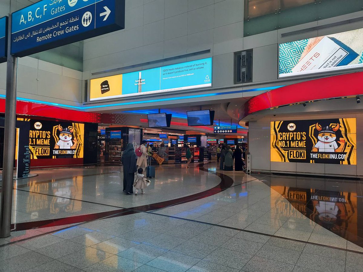 FLOKI's tweet photo. #FLOKI's aggressive marketing campaign aimed at the Middle East started with Dubai today!

It is impossible to walk around the Dubai International Airport without seeing the $FLOKI brand.

This campaign which will run for 1 month will be seen over 25.7 million times! https://t.co/nc47nQVim1