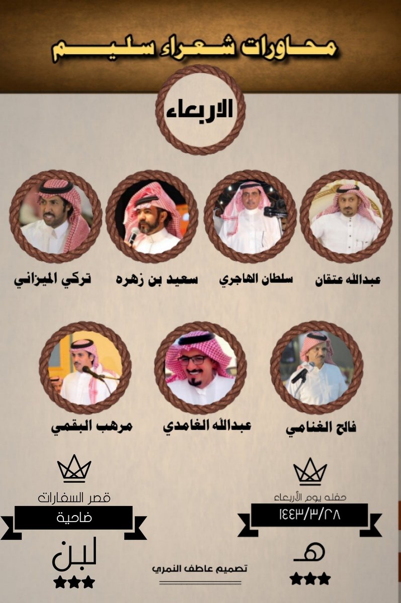 محاورات شعراء سليم (@sh3rasulaim) on Twitter photo حفلة يوم الاربعاء
👏👏👏👏👏
عبدالله عتقان
سلطان الهاجري
<a href="/sultanbnwassam/">سلطان بن وسّام</a>
سعيد بن زهره
<a href="/Asad_ghtan/">الشاعر / سعيد بن زهرة</a>
تركي الميزاني
<a href="/turky2000as/">تركي الميزاني</a>
فالح الغنامي
<a href="/falehgnnami/">فالح الغنامي</a>
عبدالله الغامدي
@abd_ghmdi
مرهب البقمي
<a href="/MURHIB_ALBAQAMI/">مرهب البقمي</a>
#محاورات_شعراء_سليم حفلة يوم الاربعاء
👏👏👏👏👏
عبدالله عتقان
سلطان الهاجري
<a href="/sultanbnwassam/">سلطان بن وسّام</a>
سعيد بن زهره
<a href="/Asad_ghtan/">الشاعر / سعيد بن زهرة</a>
تركي الميزاني
<a href="/turky2000as/">تركي الميزاني</a>
فالح الغنامي
<a href="/falehgnnami/">فالح الغنامي</a>
عبدالله الغامدي
@abd_ghmdi
مرهب البقمي
<a href="/MURHIB_ALBAQAMI/">مرهب البقمي</a>
#محاورات_شعراء_سليم