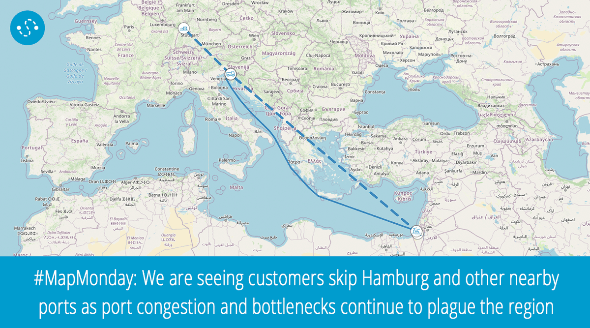 shipitto's tweet photo. It's #MapMonday again at https://t.co/Gh5gx7LNkO - we are seeing customers skip Hamburg &amp; other nearby ports as port congestion and bottlenecks continue to plague the region.

Start taking control of your #SupplyChain!

#Logistics #Cargo #Freight #trackntrace #tracking #analytics https://t.co/UxAcCaKXwT