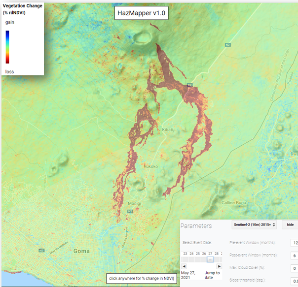 <a href="/HazMapper/">HazMapper</a> #rdNDVI result for May 2021 Mt. Nyiragongo lava flows, #DRCongo.  Unfortunately, these resulted in the loss of life and destruction of > 1000 homes north of #Goma.  

Explore with the direct URL: cmscheip.users.earthengine.app/view/hazmapper…;