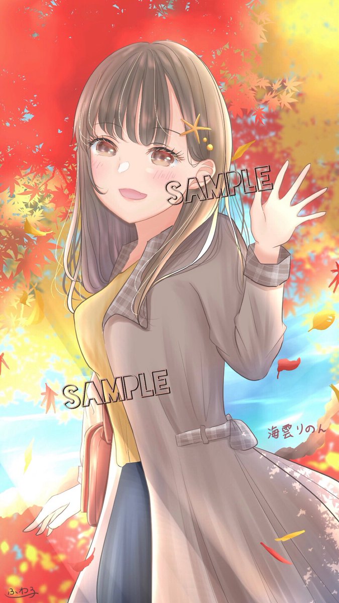 1girl solo autumn leaves brown hair brown eyes smile autumn  illustration images