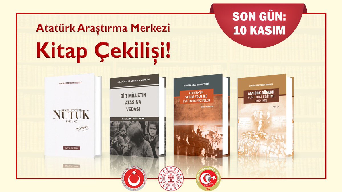 📢Atatürk Araştırma Merkezi Başkanlığı olarak 10 Kasım Atatürk’ü Anma Etkinlikleri kapsamında çekiliş düzenliyoruz. 
📢Görselde yer alan 4 eseri 10 takipçimize hediye ediyoruz.
Katılım şartları👇
❗️Sayfamızı takip etmek.
❗️Gönderiyi RT etmek.
 Sonuçlar 12 Kasım’da açıklanacaktır.