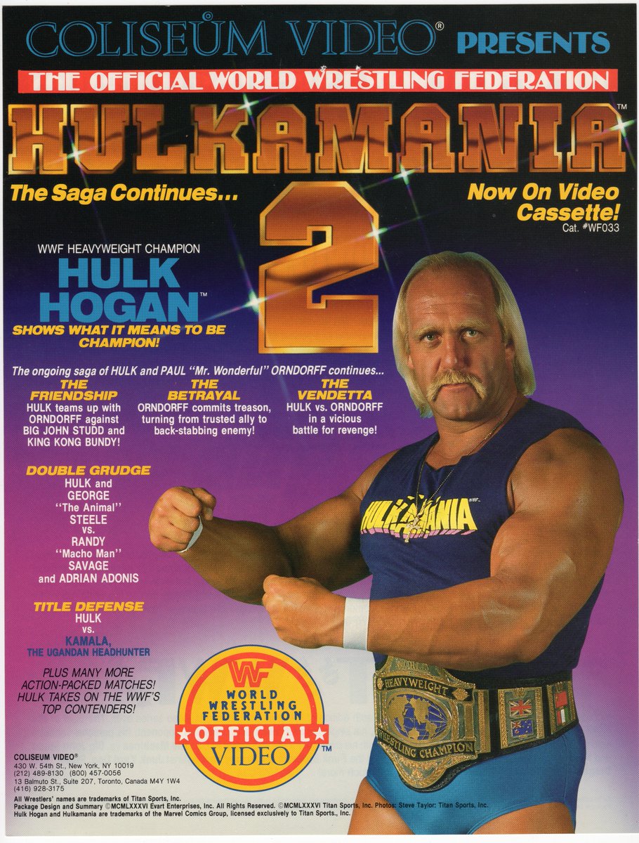 SunsetFlippin's tweet photo. I acquired a collection years ago that included a binder full of WWF Coliseum Video sell sheets from various titles released throughout the 80s'. I've been meaning to share some scans of them on here. Here's Hulkamania 2 : The Saga Continues...
#TheHobby #WrestlingCommunity #WWF https://t.co/s4qstx3Vc4