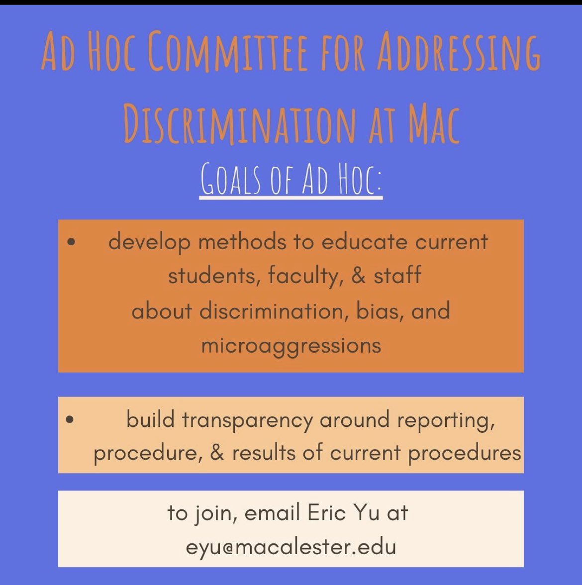 Ad Hoc for addressing discrimination at mac is looking for new members! Email eric yu to join or for more info! #heymac