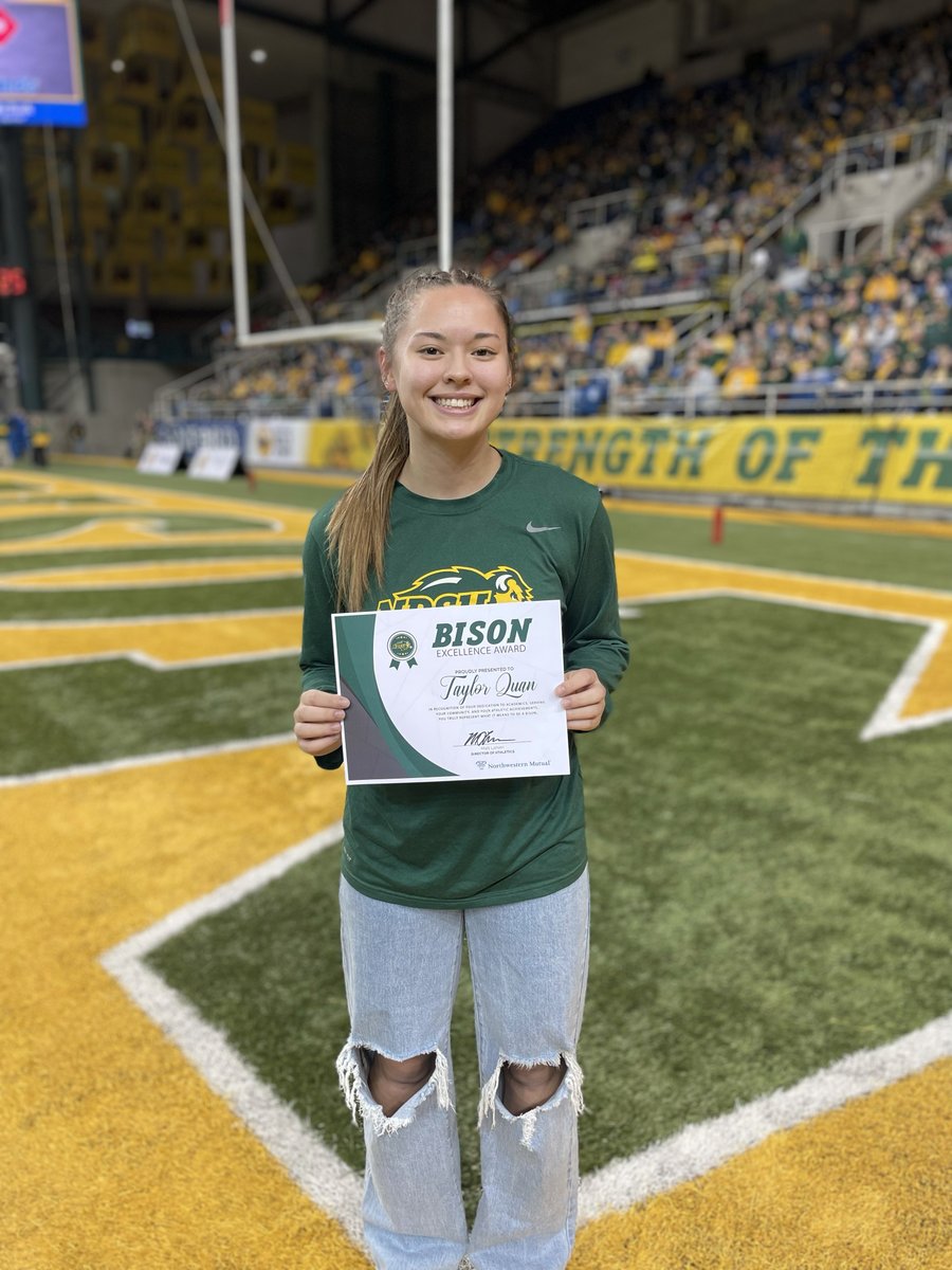 Congratulations to <a href="/NDSUvolleyball/">NDSU Volleyball</a> defensive specialist, Taylor Quan! Taylor was our Northwestern Mutual Bison Excellence Award winner on Saturday. She led the Bison last season with 236 total digs and 3.58 digs per set &amp; has excelled academically every semester as a Bison.