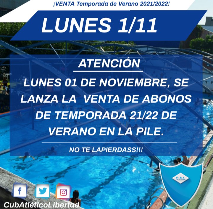 CalibertadClub's tweet photo. Ya están a la venta los abonos de PILETA temporada 2021/22
Desde el lunes 01/11 podes sacar tu abono de temporada
Siii como lees!!!! ya faltan pocos días para la apertura de la Pile!
Saca tu abono, no te lo pierdas
Podés pagar con todos los medios de pago!
#vamosliber
#101años https://t.co/es9prStjRD