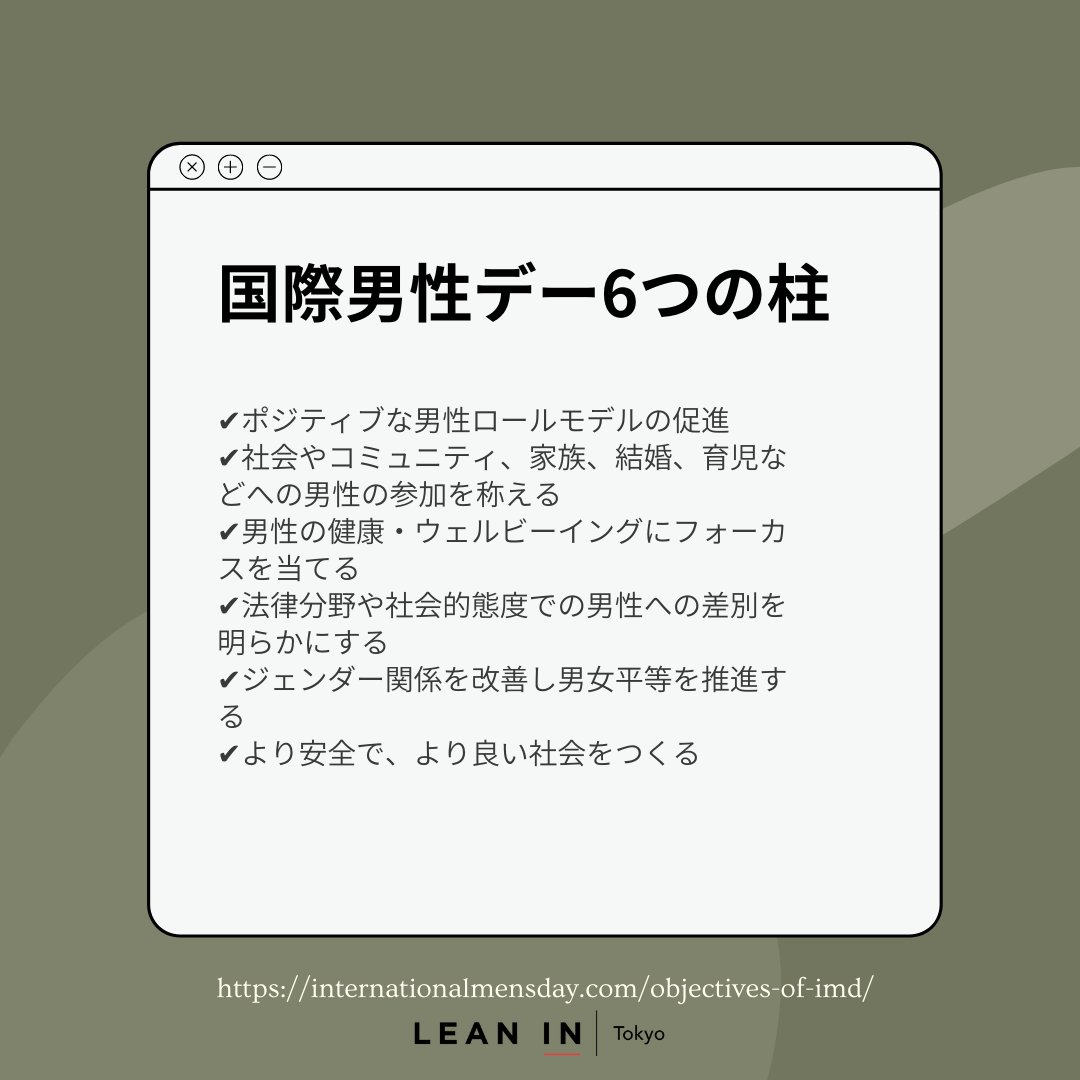 LeanIn_Tokyo's tweet photo. \\💭11/19が #国際男性デー ってご存知でしたか？//
国際男性デーは、これまであまり語られてこなかった「 #男性の健康 」に目を向け、「男だから」という固定概念に捉われない生き方を推奨する目的で始まった日です。

ぜひ今年はLean In Tokyoの国際男性デー記念イベントに参加してみてください✨ https://t.co/sc5yHXsmFs