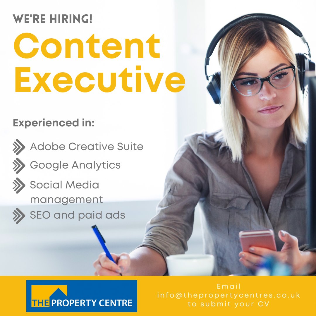 We're looking for a Content Executive!

Click here to view the full job description and apply: bit.ly/Content-Execut…
Or send your CV to info@thepropertycentres.co.uk

#wearehiring #wearehiringnow #hiringnow #jobsearch #marketing #marketingjobs #propertyuk #gloucester #jobalert