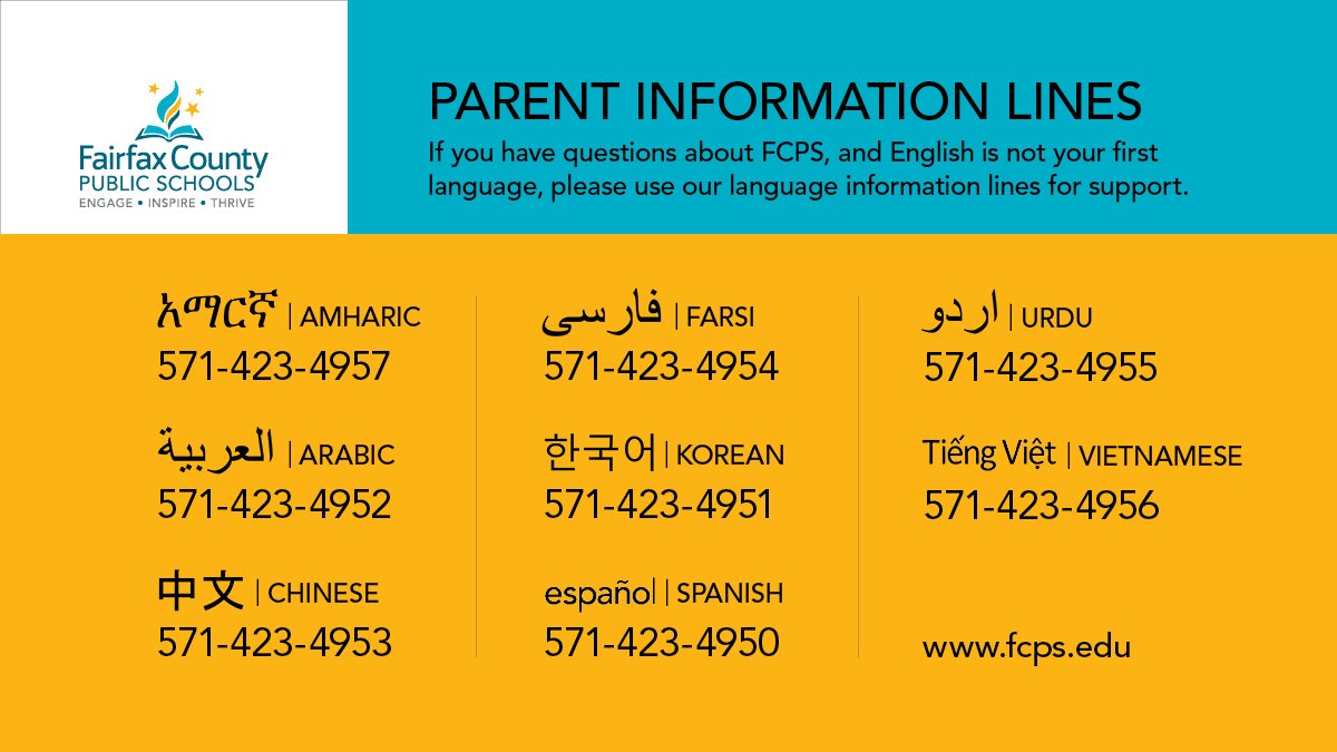 fcpsnews's tweet photo. Did you know FCPS has parent information phone lines available to assist parents who do not speak English as their first language? Find out more: https://t.co/COosqHBG8r. https://t.co/CRbyQRWcT2
